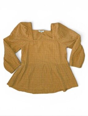 Madewell Lightspun Millbrook Puff-Sleeve Peplum Top in a rich amber gold color